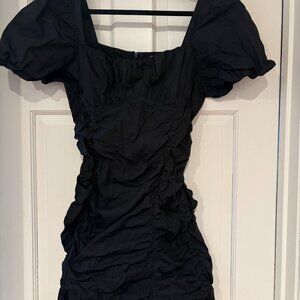 Lush Black Runched Mini Dress Size Large Puff Sleeves Square Neckline